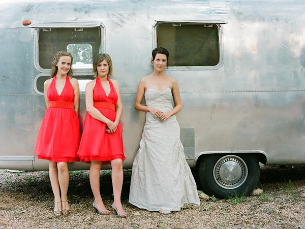 Bride and bridesmaids casual shot with silber motorhome - wedding photo by top Austin based wedding photographers Q Weddings